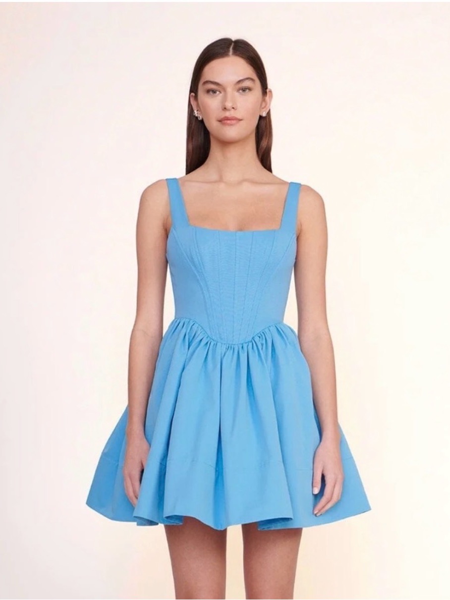 Staud Landscape Sky-Blue Square-Neck Fit & Flare Mini Dress